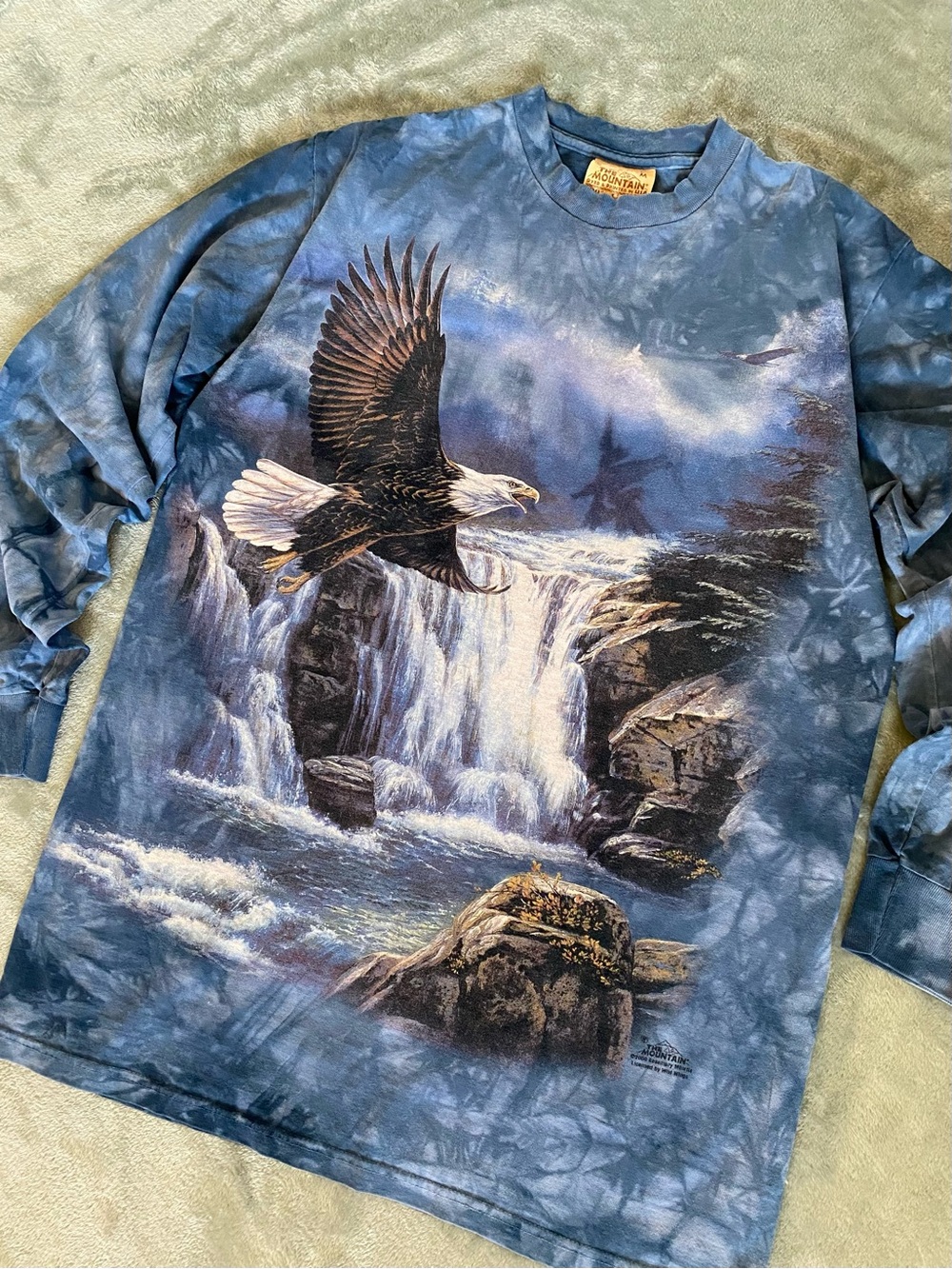 Vintage The Mountain Bald Eagle Waterfall Tie Dye Long Sleeve Tee Blue Nature M